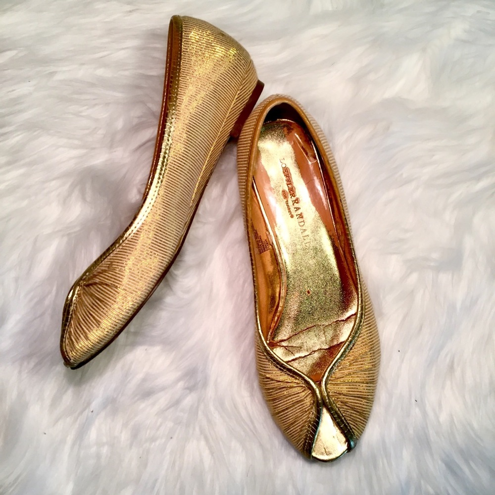 Loeffler Randall retro gold peep-toe flat shoes.